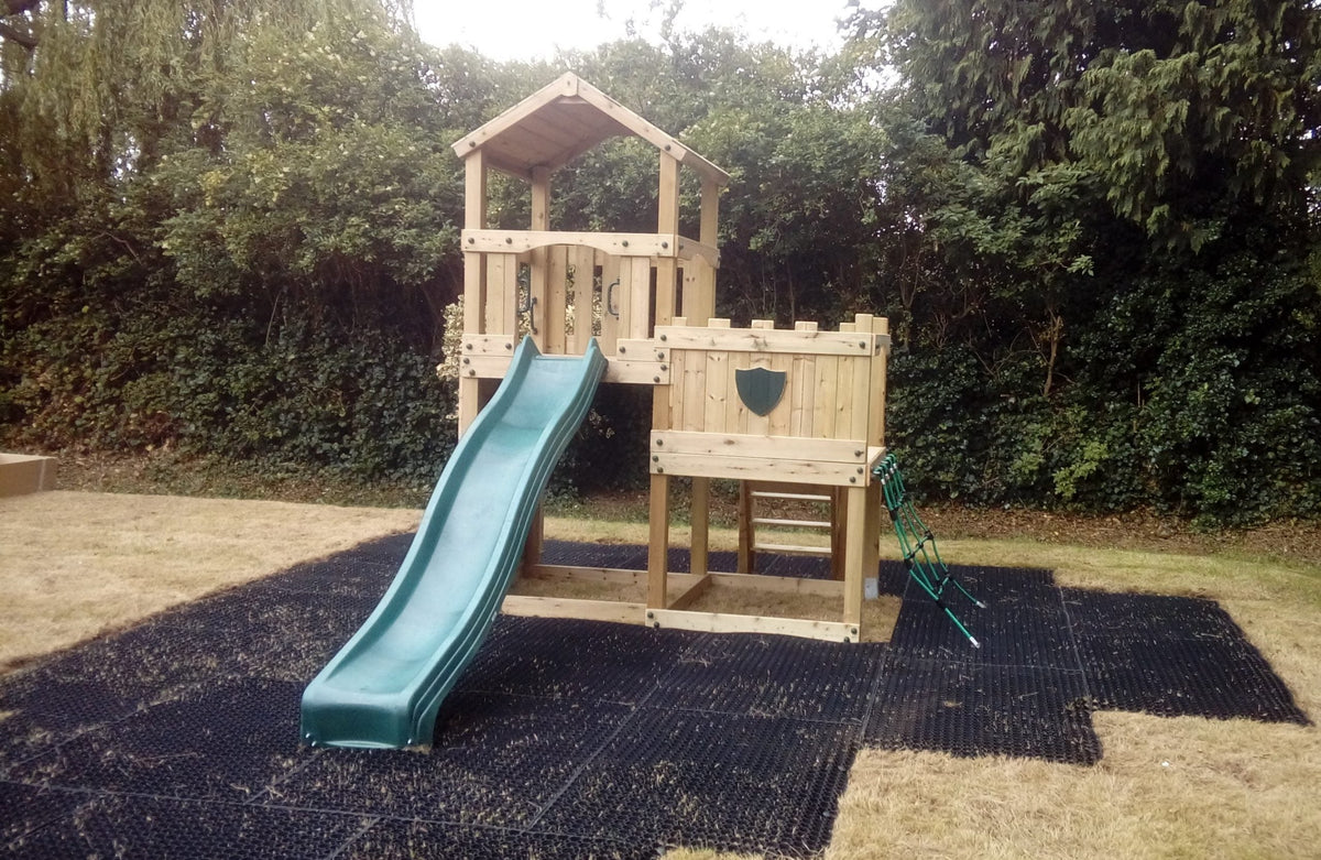 Wigmore Tower with slide, ladder, climbing walls, net. INSTALLED