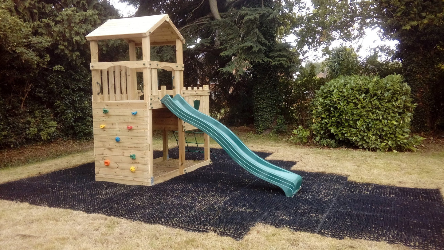 Wigmore Tower with slide, ladder, climbing walls, net. INSTALLED