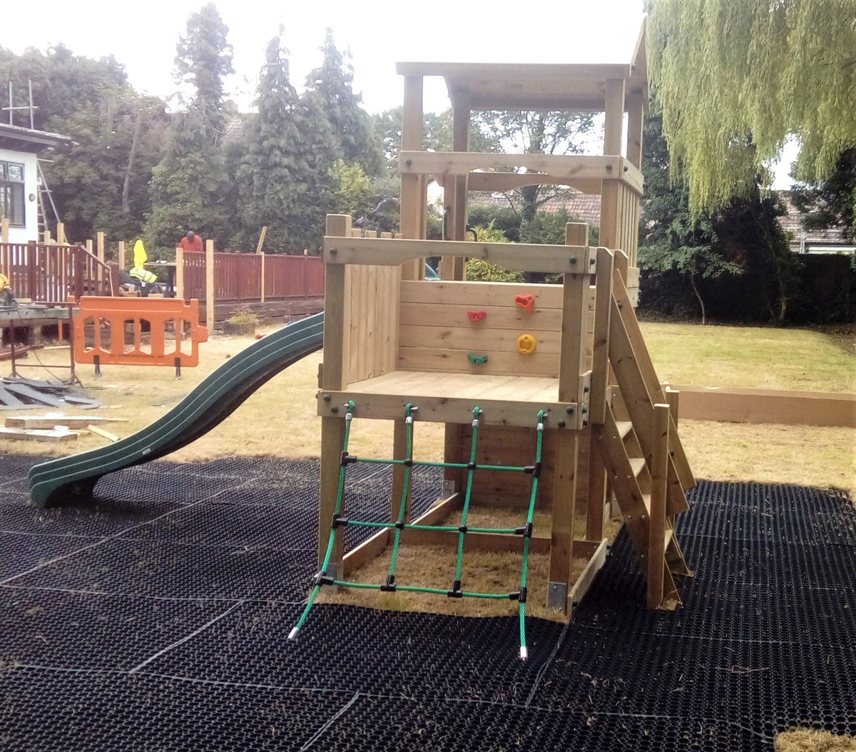 Wigmore Tower with slide, ladder, climbing walls, net. INSTALLED