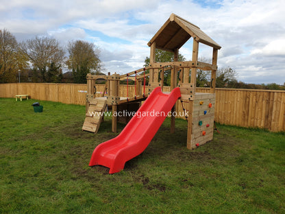 Croft Towers with slide, ladder, climbing walls, net, left-right climber and bridge. INSTALLED