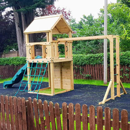 Goodrich Tower with slide, climbing wall, net and monkey bars. INSTALLED