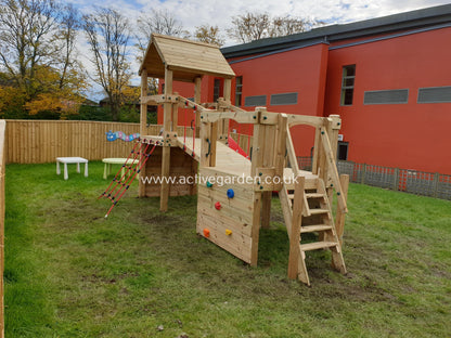 Croft Towers with slide, ladder, climbing walls, net, left-right climber and bridge. INSTALLED