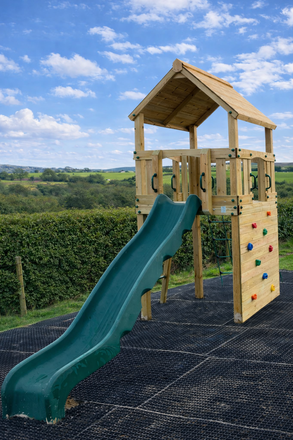 ACTIVE Pembridge Tower with slide, ladder, climbing wall and net. INSTALLED