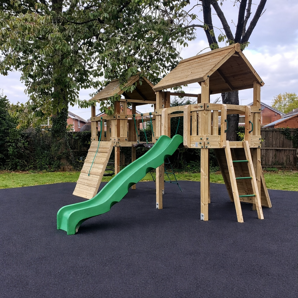 ACTIVE Woodland towers – 2x 1.5 height platforms, with slide, 4 accessories AND INSTALLATION