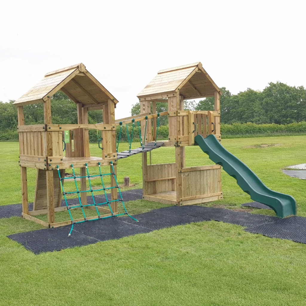 ACTIVE Longtown towers – 140x140cm- 1.5 and 1.2m platform height, with slide, 3 accessories, seating AND INSTALLATION