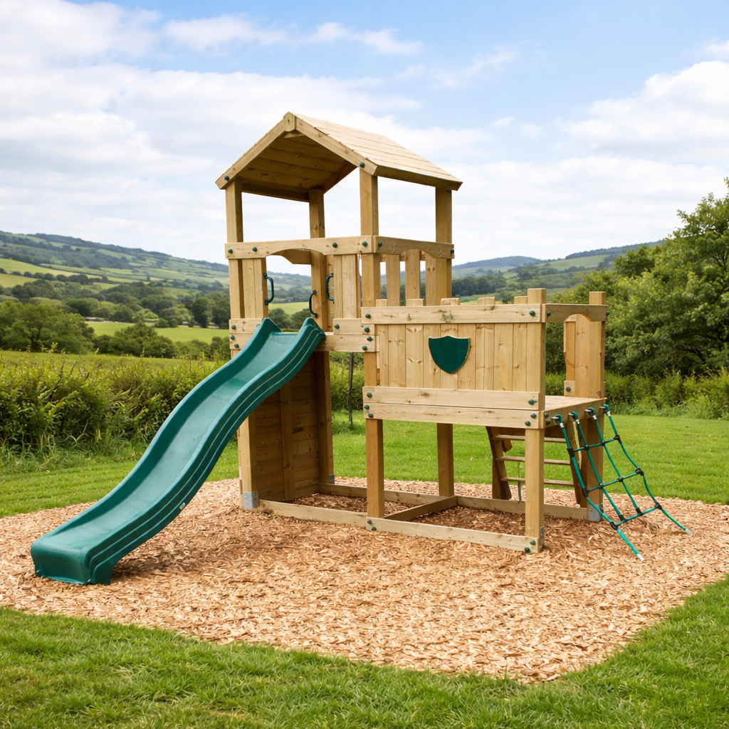 Wigmore Tower with slide, ladder, climbing walls, net. INSTALLED