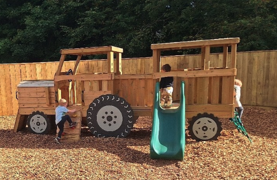 Wooden Toddler / infant Tractor and Trailer with roof, slide and climbing