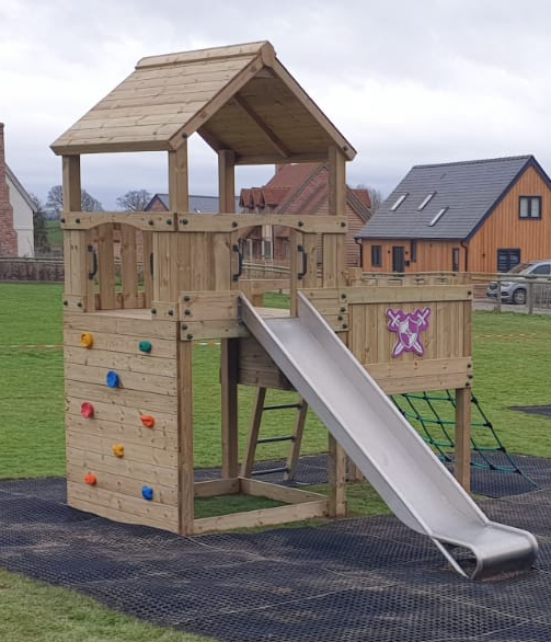 Wigmore Tower with slide, ladder, climbing walls, net. INSTALLED