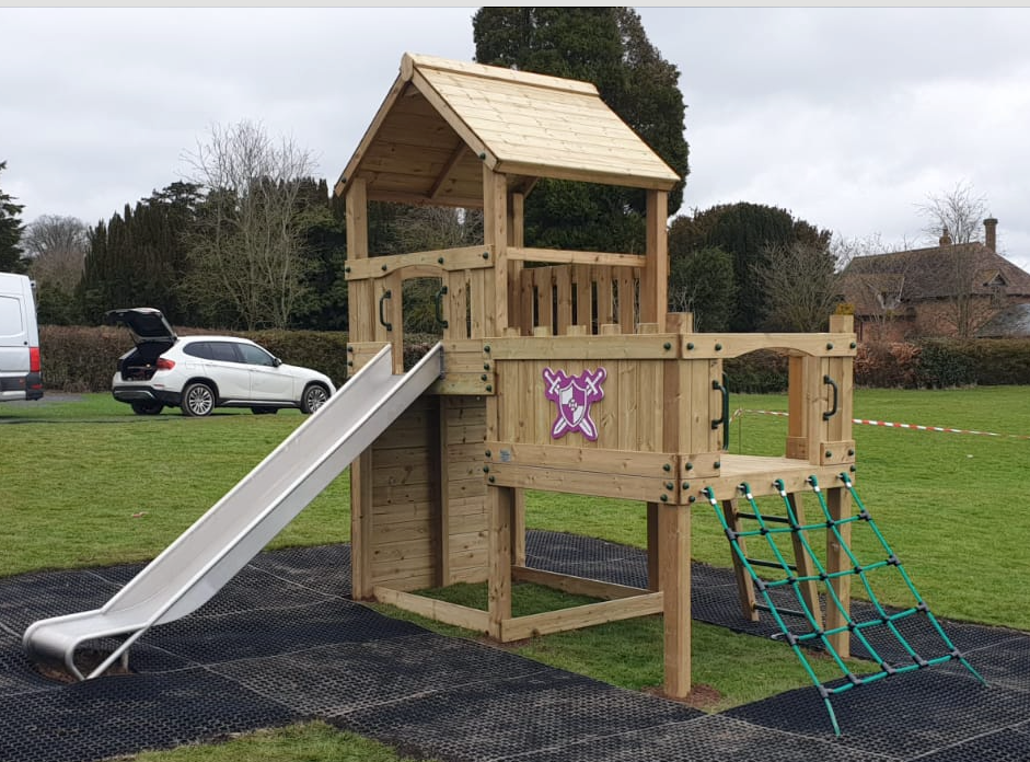 Wigmore Tower with slide, ladder, climbing walls, net. INSTALLED