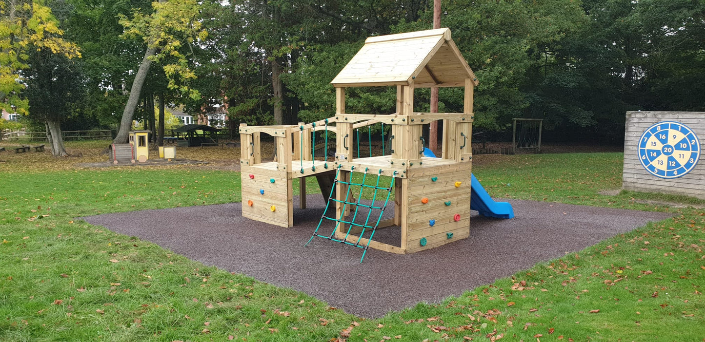 Croft Towers with slide, ladder, climbing walls, net, left-right climber and bridge. INSTALLED
