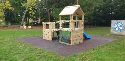 Croft Towers with slide, ladder, climbing walls, net, left-right climber and bridge. INSTALLED