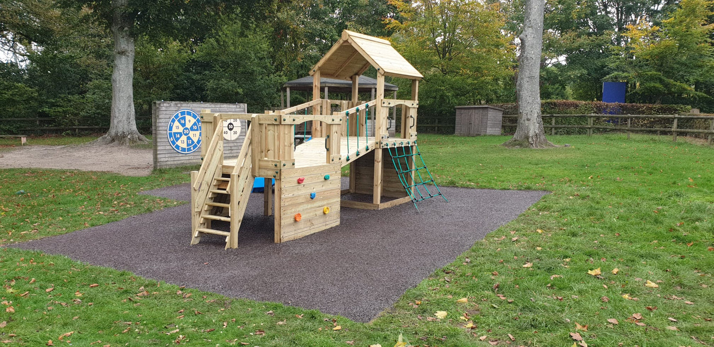 Croft Towers with slide, ladder, climbing walls, net, left-right climber and bridge. INSTALLED