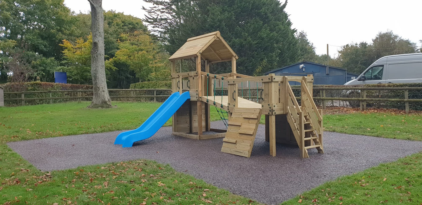 Croft Towers with slide, ladder, climbing walls, net, left-right climber and bridge. INSTALLED