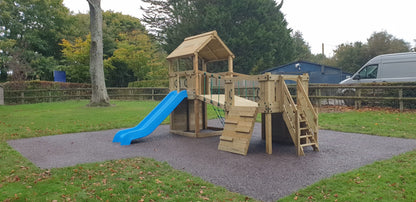 Croft Towers with slide, ladder, climbing walls, net, left-right climber and bridge. INSTALLED