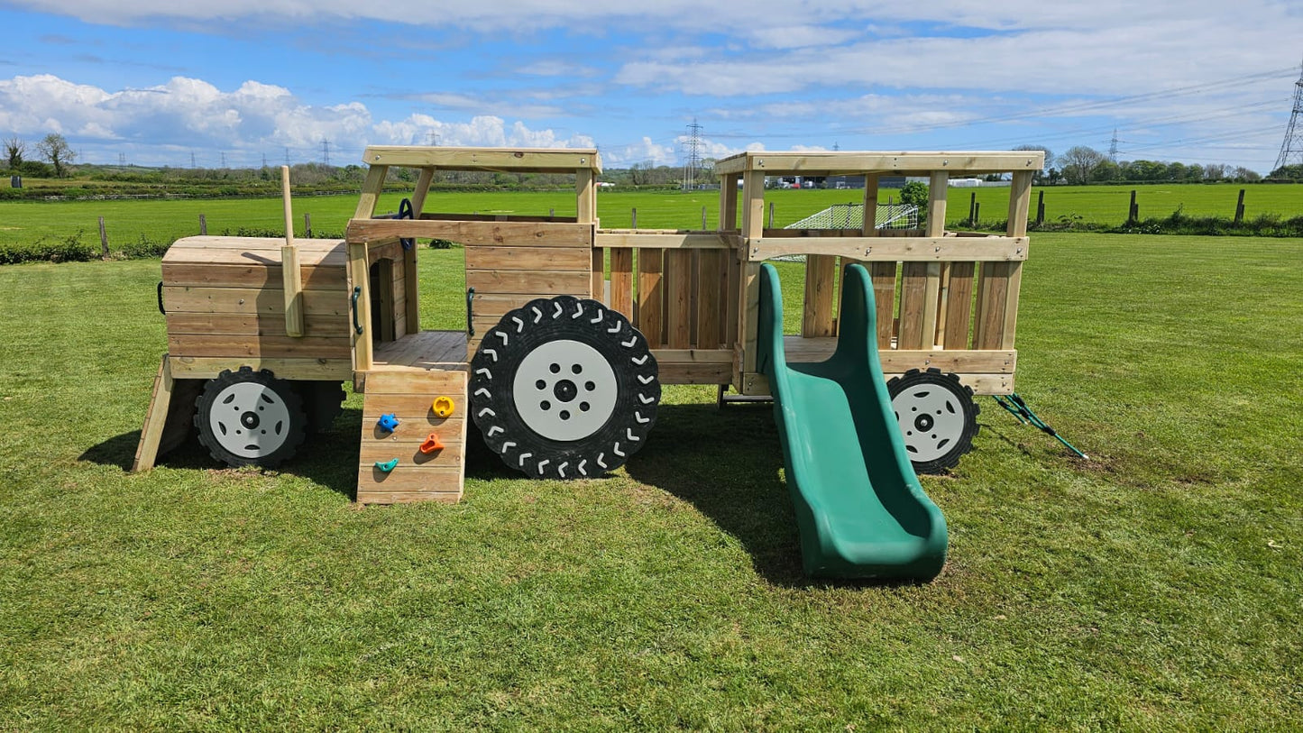 Wooden Toddler / infant Tractor and Trailer with roof, slide and climbing