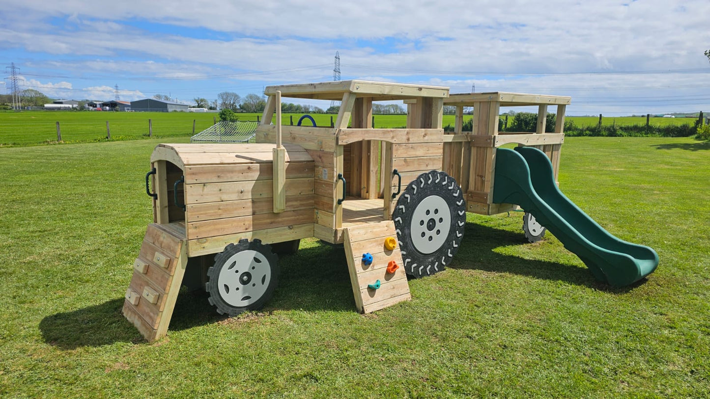 Wooden Toddler / infant Tractor and Trailer with roof, slide and climbing