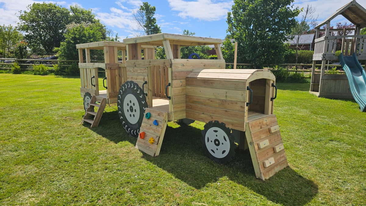 Wooden Toddler / infant Tractor and Trailer with roof, slide and climbing