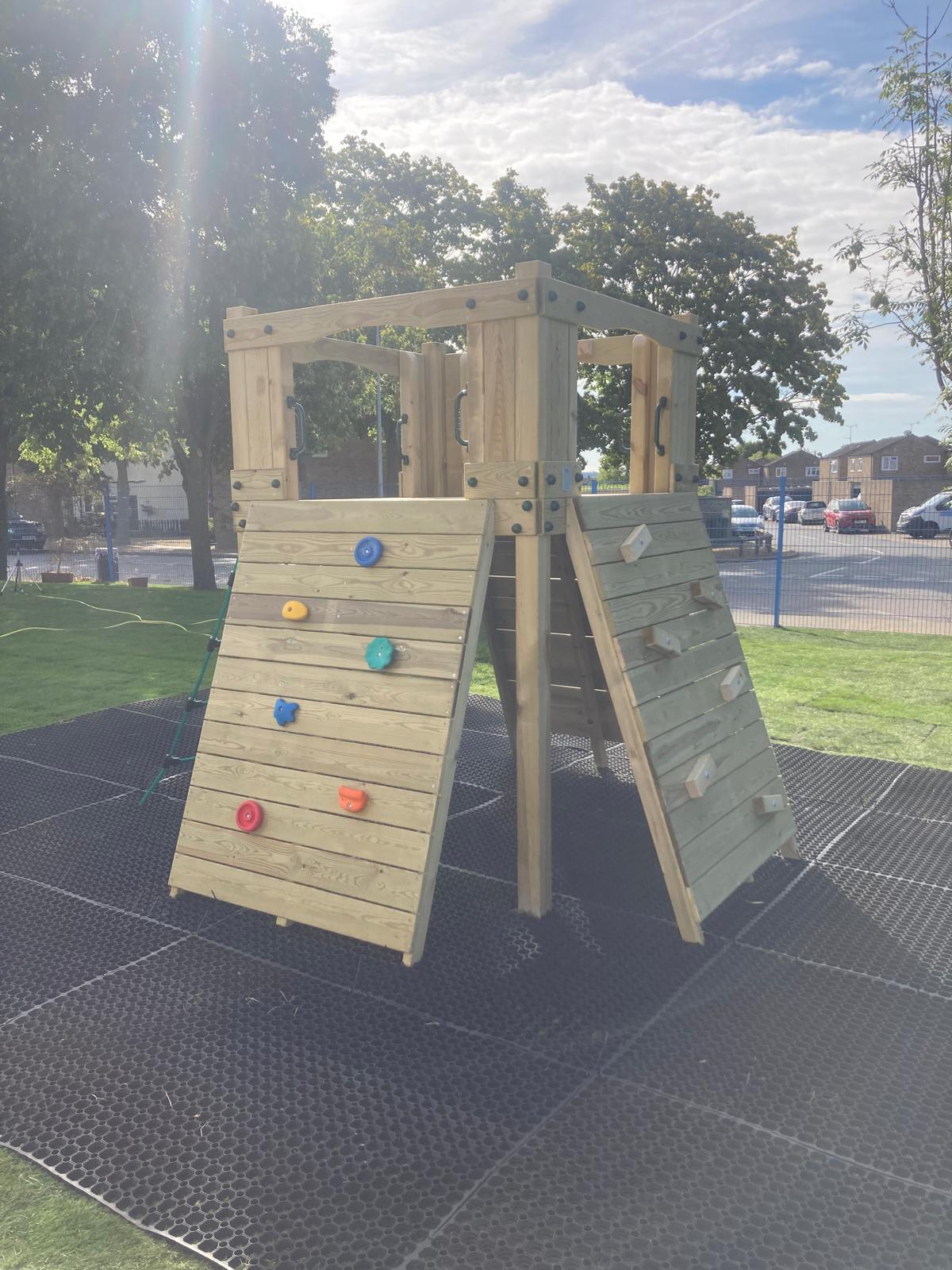 Active Climber Tower with ladder or chock wall, climbing wall, net and ramp. INSTALLED