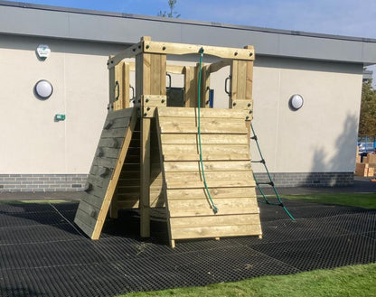 Active Climber Tower with ladder or chock wall, climbing wall, net and ramp. INSTALLED
