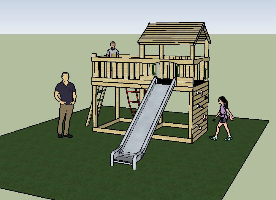 Eastnor Play Tower with ladder, climbing wall, net, and slide. INSTALLED