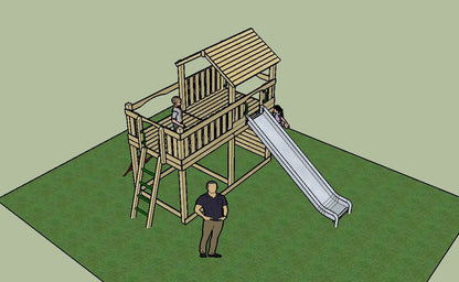 Eastnor Play Tower with ladder, climbing wall, net, and slide. INSTALLED
