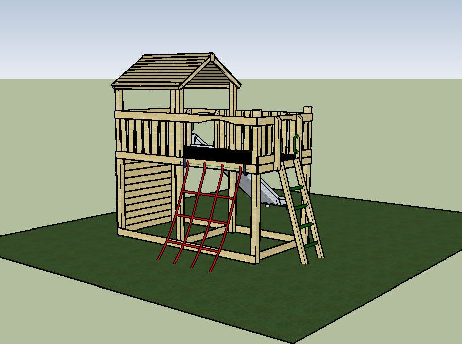 Eastnor Play Tower with ladder, climbing wall, net, and slide. INSTALLED