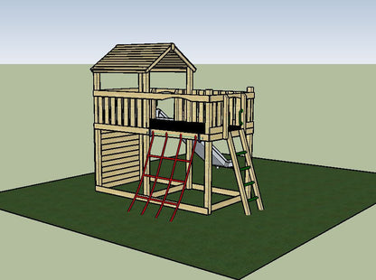 Eastnor Play Tower with ladder, climbing wall, net, and slide. INSTALLED