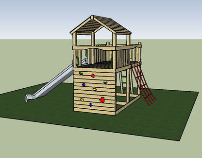 Eastnor Play Tower with ladder, climbing wall, net, and slide. INSTALLED
