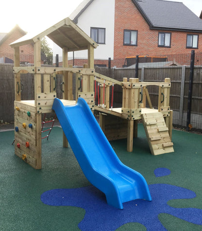 Croft Towers with slide, ladder, climbing walls, net, left-right climber and bridge. INSTALLED