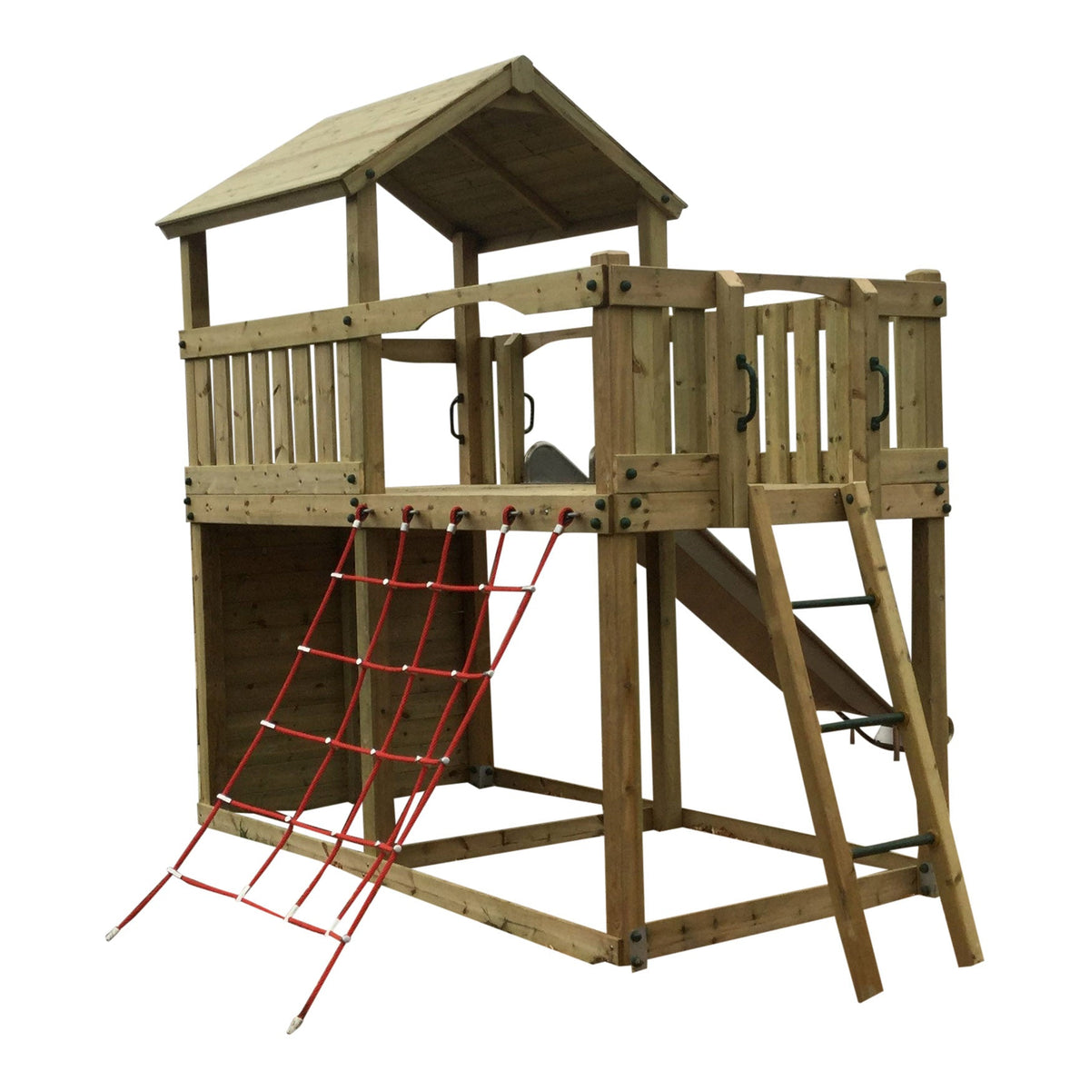 Eastnor Play Tower with ladder, climbing wall, net, and slide. INSTALLED