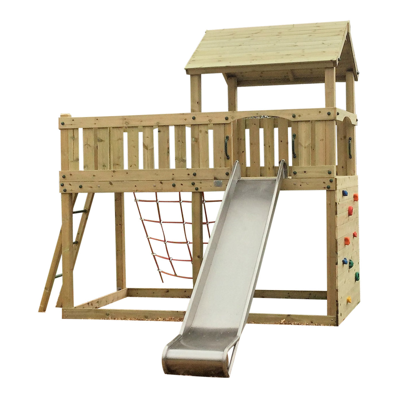 Eastnor Play Tower with ladder, climbing wall, net, and slide. INSTALLED