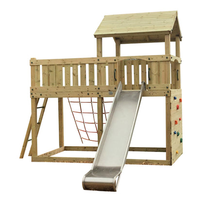 Eastnor Play Tower with ladder, climbing wall, net, and slide. INSTALLED