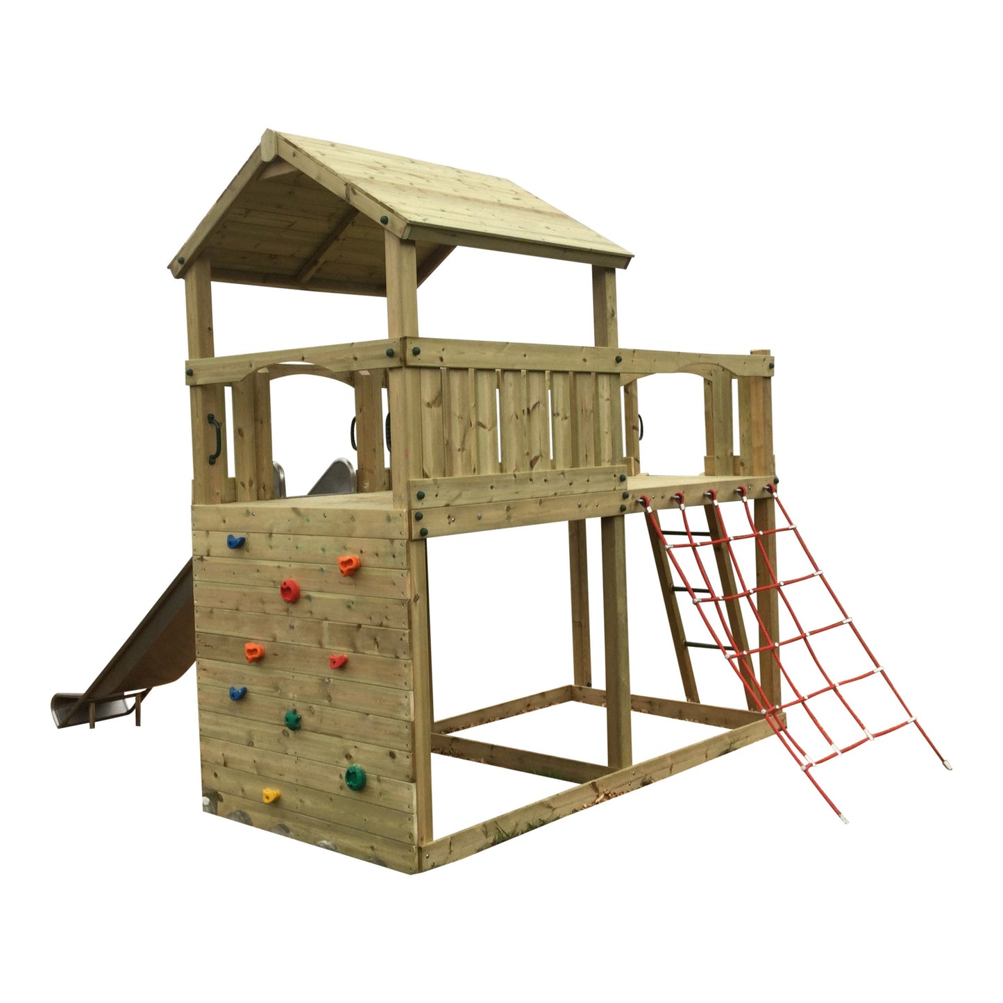 Eastnor Play Tower with ladder, climbing wall, net, and slide. INSTALLED