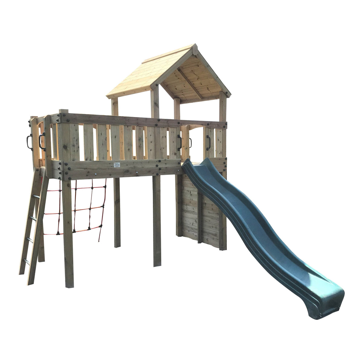 Eastnor Play Tower with ladder, climbing wall, net, and slide. INSTALLED