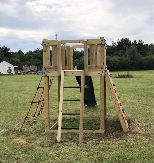 Active Climb ‘n’ Slide Tower with ladder, climbing wall and net. INSTALLED