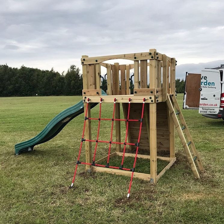 Active Climb ‘n’ Slide Tower with ladder, climbing wall and net. INSTALLED