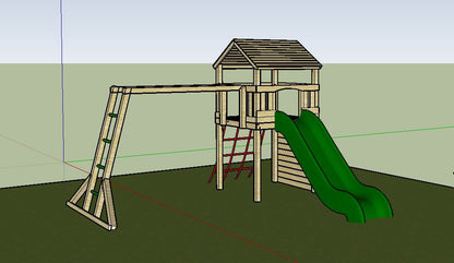 Goodrich Tower with slide, climbing wall, net and monkey bars. INSTALLED
