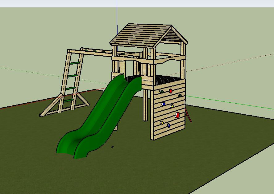 Goodrich Tower with slide, climbing wall, net and monkey bars. INSTALLED