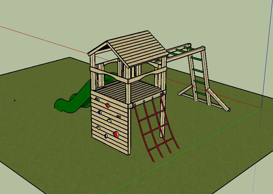 Goodrich Tower with slide, climbing wall, net and monkey bars. INSTALLED