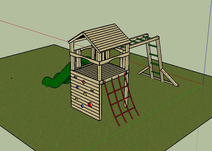 Goodrich Tower with slide, climbing wall, net and monkey bars. INSTALLED