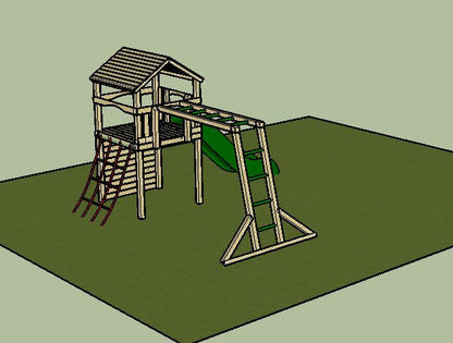 Goodrich Tower with slide, climbing wall, net and monkey bars. INSTALLED