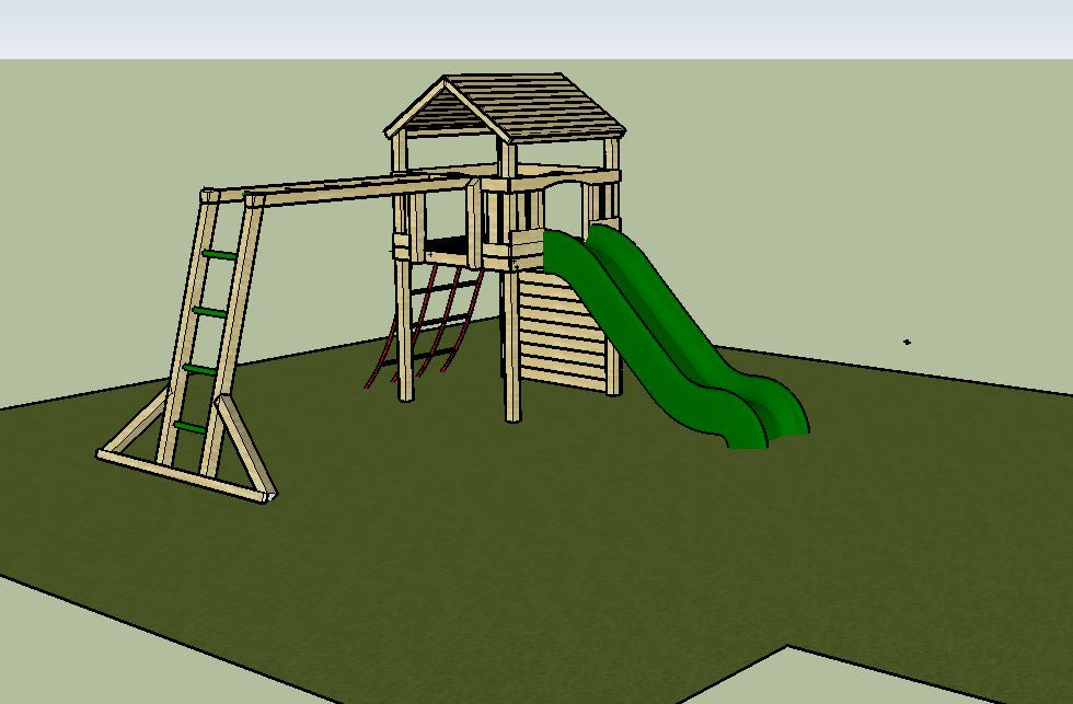 Goodrich Tower with slide, climbing wall, net and monkey bars. INSTALLED