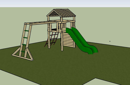 Goodrich Tower with slide, climbing wall, net and monkey bars. INSTALLED