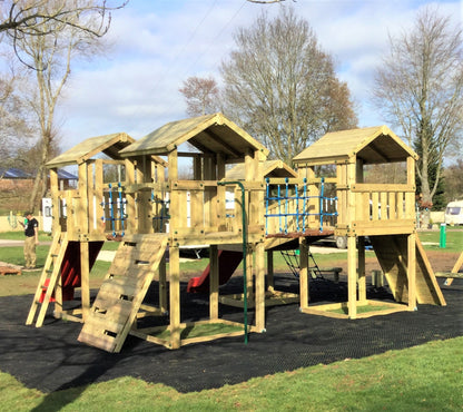 Ludlow Commercial Climbing frame with towers, slides, climbing wall, climber, fireman’s pole and bridges. With installation
